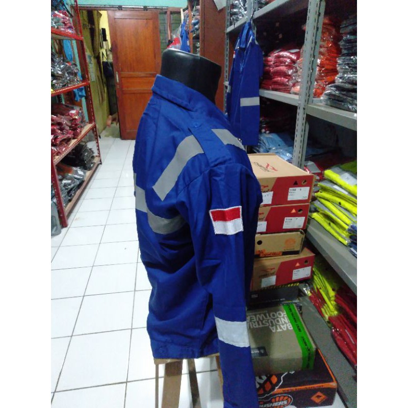 SERAGAM SAFETY BAHAN CATON TEBAL ADEM PREMIUM BIRU BENHUR RESLETING FREE LOGO K3 SCOTLIGHT 5CM