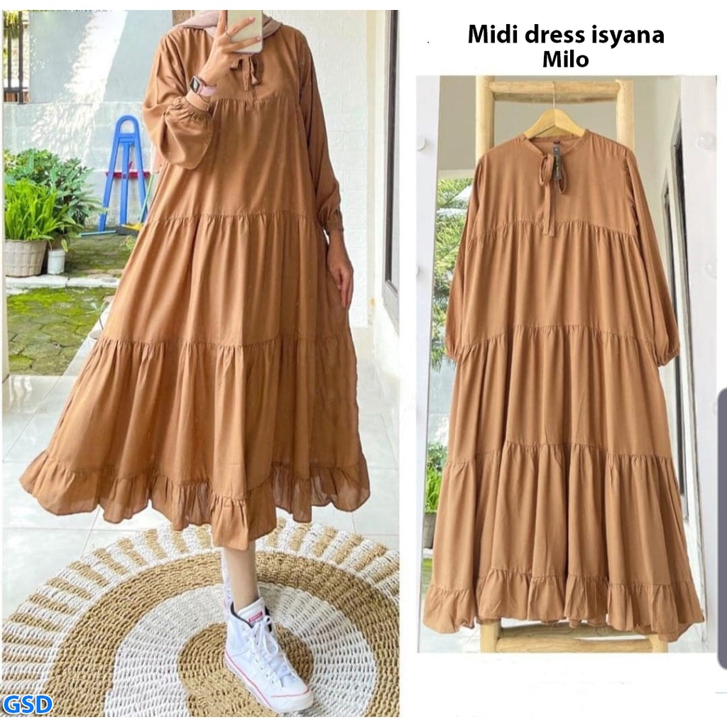 Isyana/Gaun Muslim Dress Midi Wanita Rample Polos Lengan Panjang Bahan Moscrepe Size L