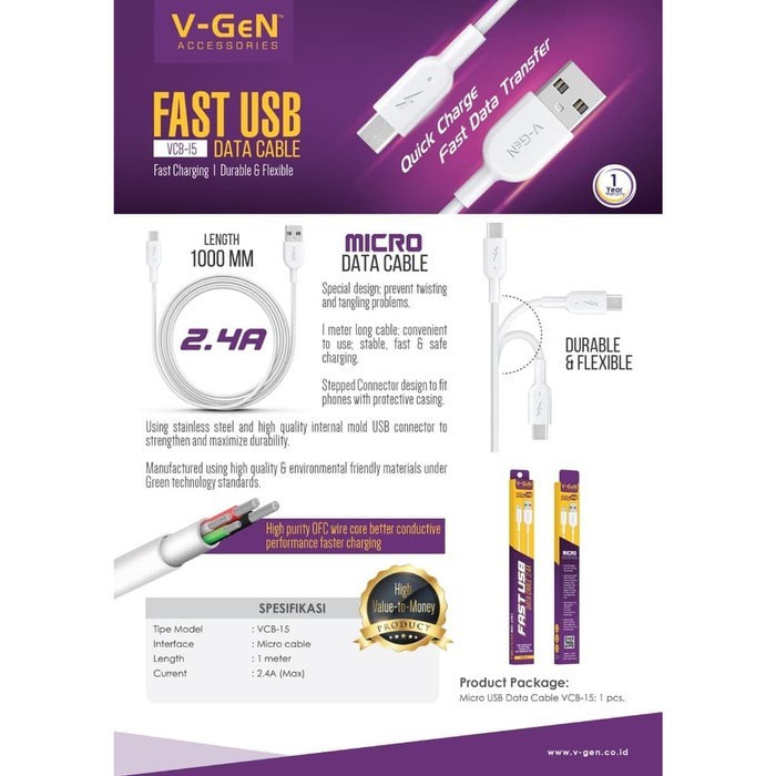 KABEL DATA USB MICRO V-GEN VCB-15 / VCB15 CABLE FAST CHARGING VGEN