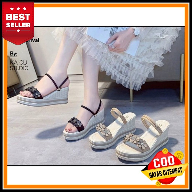 Sepatu Sandal Wanita Spatu Sendal Cewek Wedges Tali Velcro Hak Sol 3 Cm Karet Lentur Empuk Import Dn