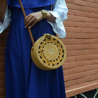  Tas  Rotan  Bulat Putih Natural single anyam 20  cm  asli 