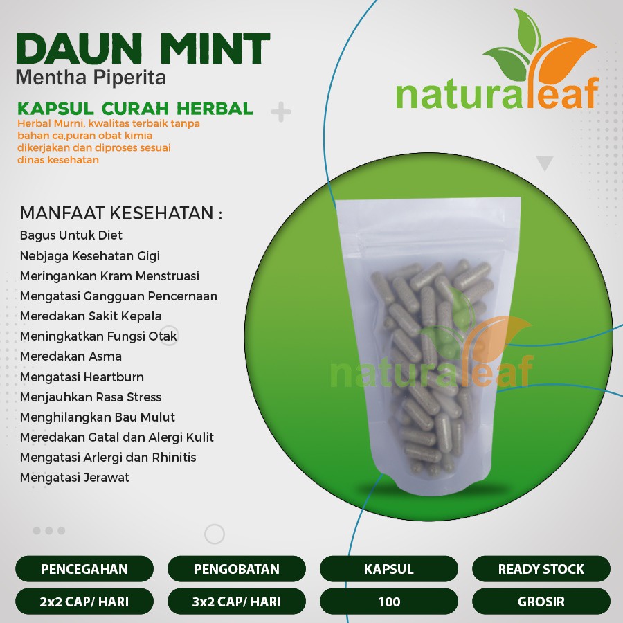 DAUN MINT 100 Kapsul Curah Herbal Diet Jerawat Fungsi Otak Stres Gigi