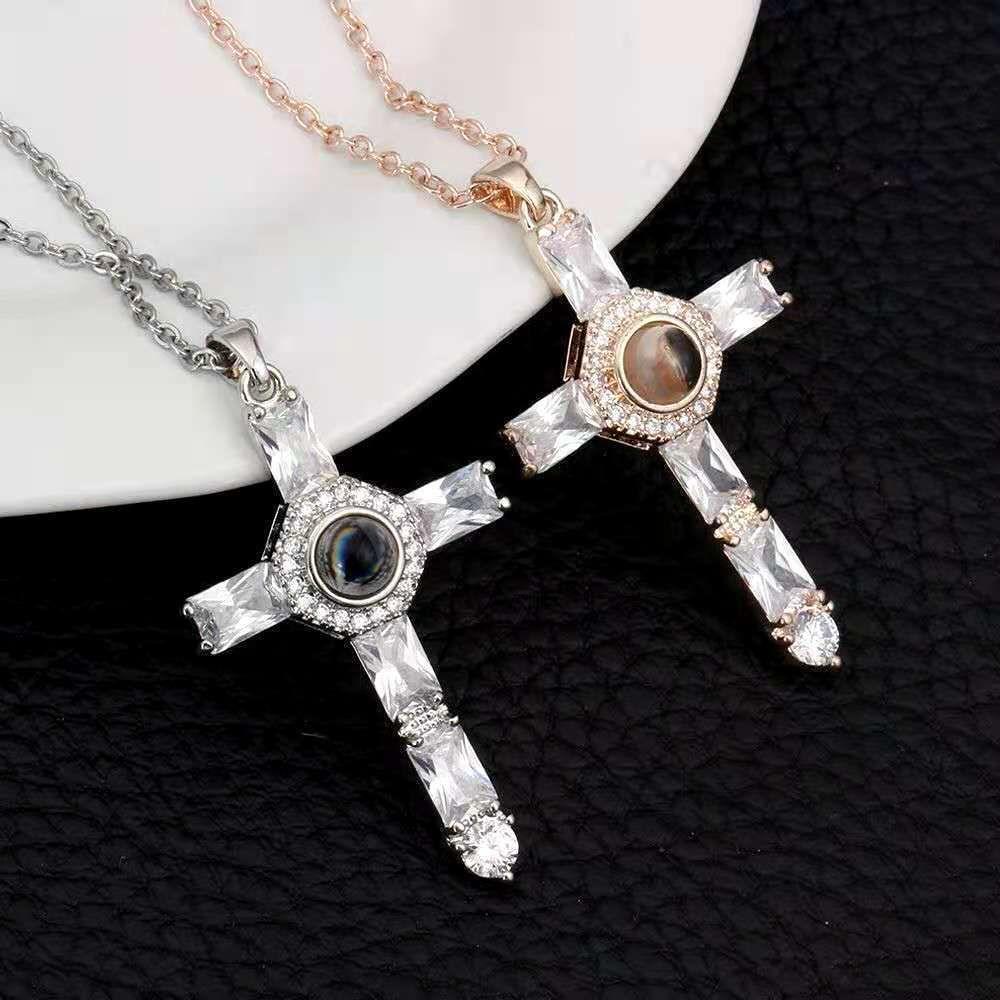 Lily Cross Projection Kalung Wanita Hadiah Liontin Masa Kini Zirkon Kristal Bentuk Salib