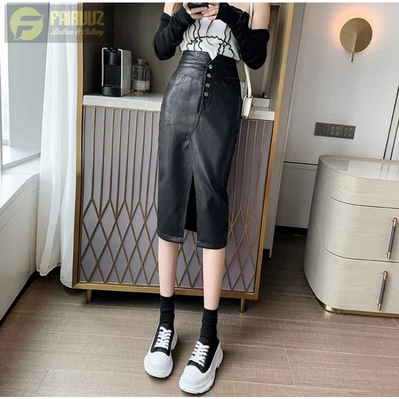 Rok Kulit Panjang Wanita A-Line Pensil Rok Midi Rok High Waist Aksen Kancing Depan Terpisah Model Ke