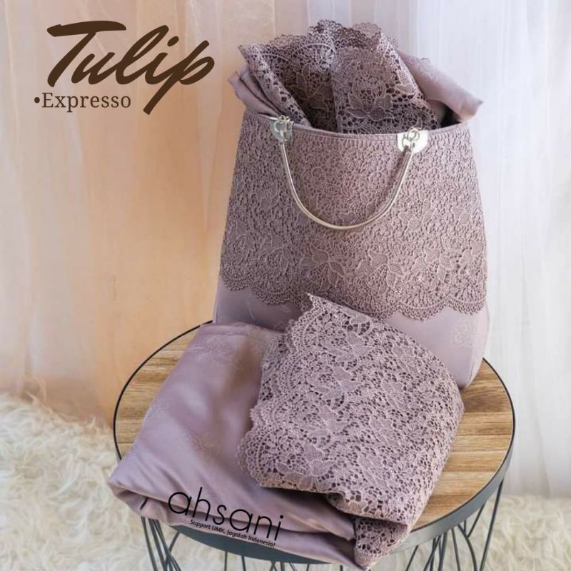 Mukena Ahsani Tulip Espresso bahan sutra import printing yang adem