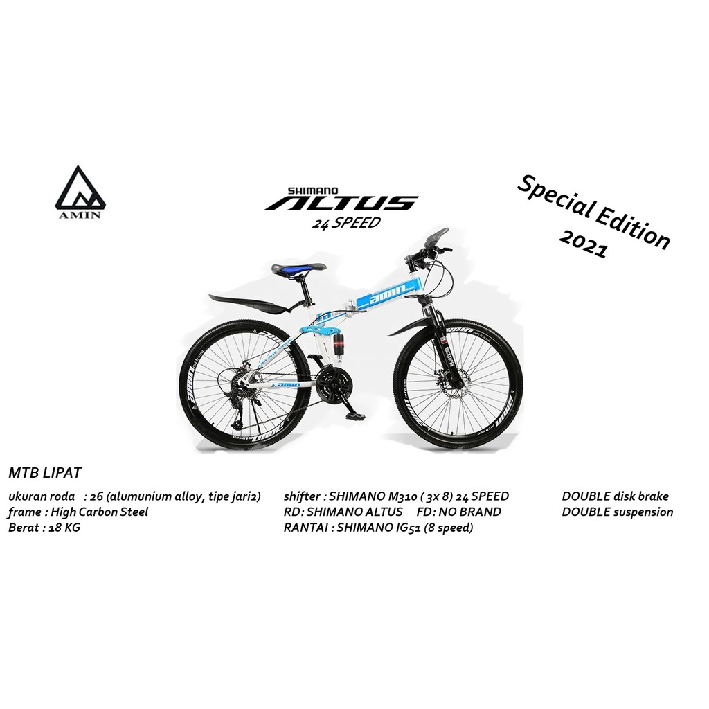 SEPEDA GUNUNG / MTB LIPAT AMIN BIRU-PUTIH 24 SPEED SHIMANO ALTUS (BUKAN BMW BUKAN LAND ROVER)