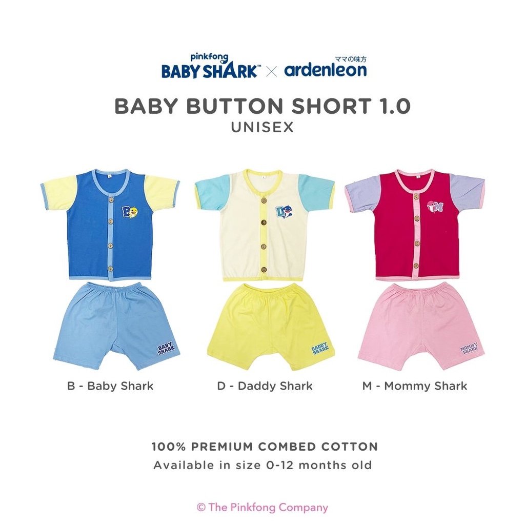 Baju Bayi Setelan Pendek Anak Ardenleon Pinkfong Baby Shark Baby Button Short 0-12 Bulan