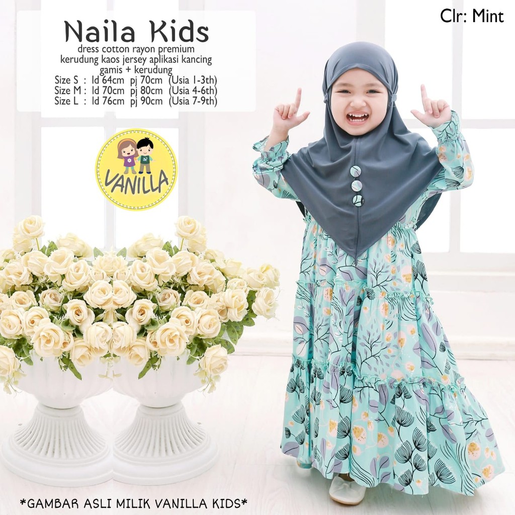 RHS ~ naiLa hijab gamis anak 1 - 9 tahun bahan katun rayon premium ori solo by vanilla hijab