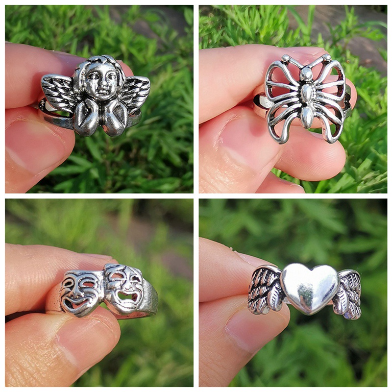 Fancyqube Cincin Desain Tengkorak Hati Bunga Malaikat Warna Silver Gaya Hip Hop Untuk Wanita