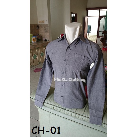 Kemeja Chambray Denim Polos Lengan Panjang Lengan Pendek