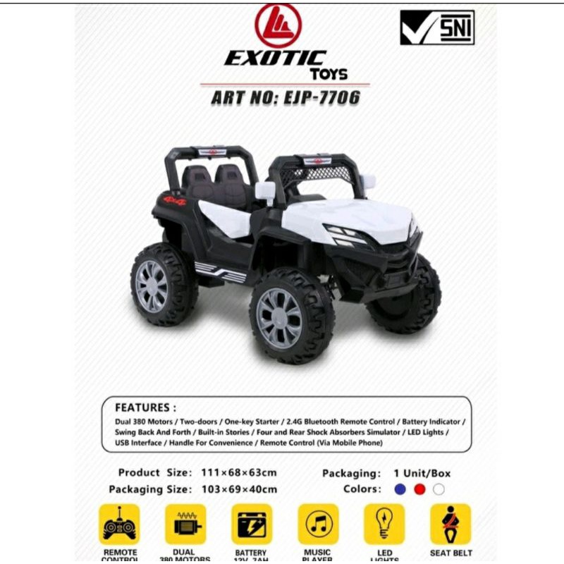 Mobil Aki Mainan Anak Exotic EJP 7706&amp;7706+ Ban Karet Dual Motor Dual Accu 12v 7ah