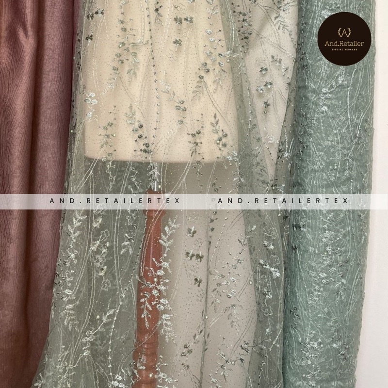 Bahan Kebaya Brokat Tile Akar Mutiara Glitter Mahogany Series Warna Sage Green