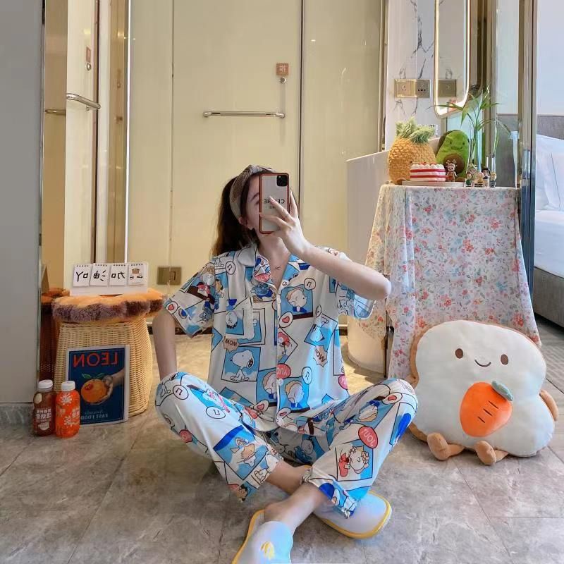 Baju tidur wanita / Piyama Cp baju tidur wanita krah pendek import kotak freesize-CP.k SNOOPY BOY BLUE