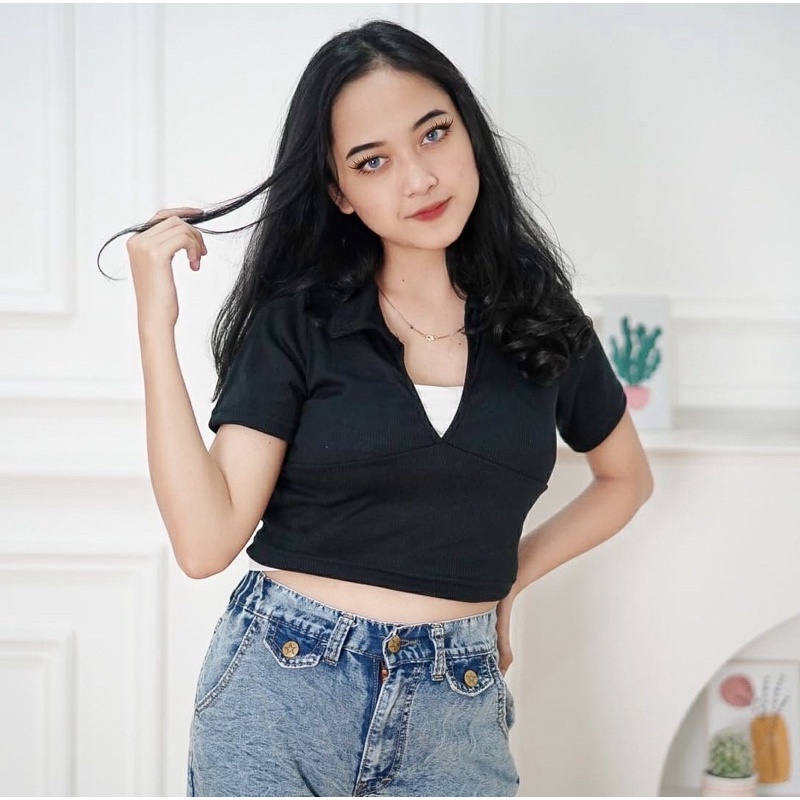 Tq88indonesia Fashion Blouse  Crop Kerah Terbaru / ESTRELLA CROP TOP KAOS PENDEK WANITA / Baju Kerah Wanita Kekinian / Blouse Lengan Pendek / Baju Atasan  Crop Wanita  / Ootd / Baju Santai Cewek / Baju Crop Wanita