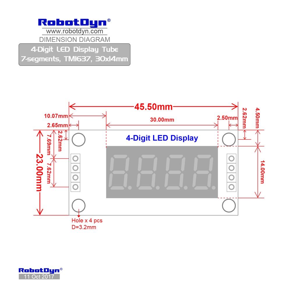 RobotDyn TM1637 4 DIGIT LED DISPLAY TUBE 7 SEGMENT 0.36 4 DIGIT 30x14