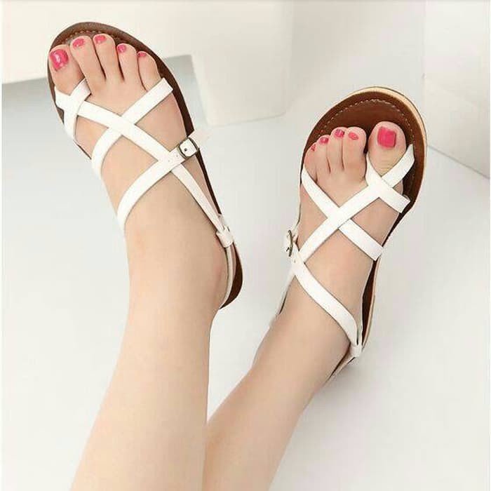 Sandal flat tali ZARA wanita putih casual lucu santai pesta modis promo