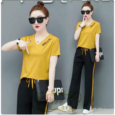 Korea fashion setelan perempuan serut lipatan terkena pusar ramping V-neck lengan pendek T-shirt top