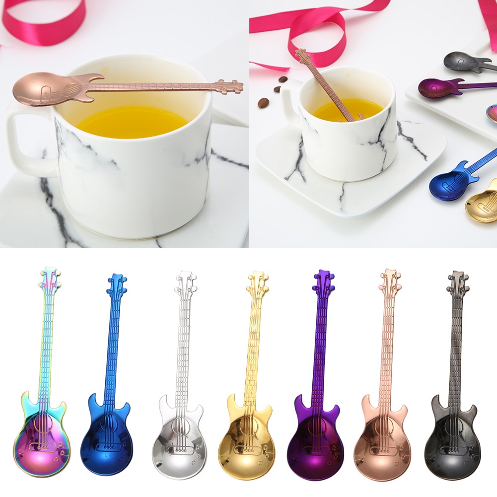 Sendok Teh / Kopi Bentuk Gitar Bahan Stainless Steel 304 Warna Rose Gold Hitam