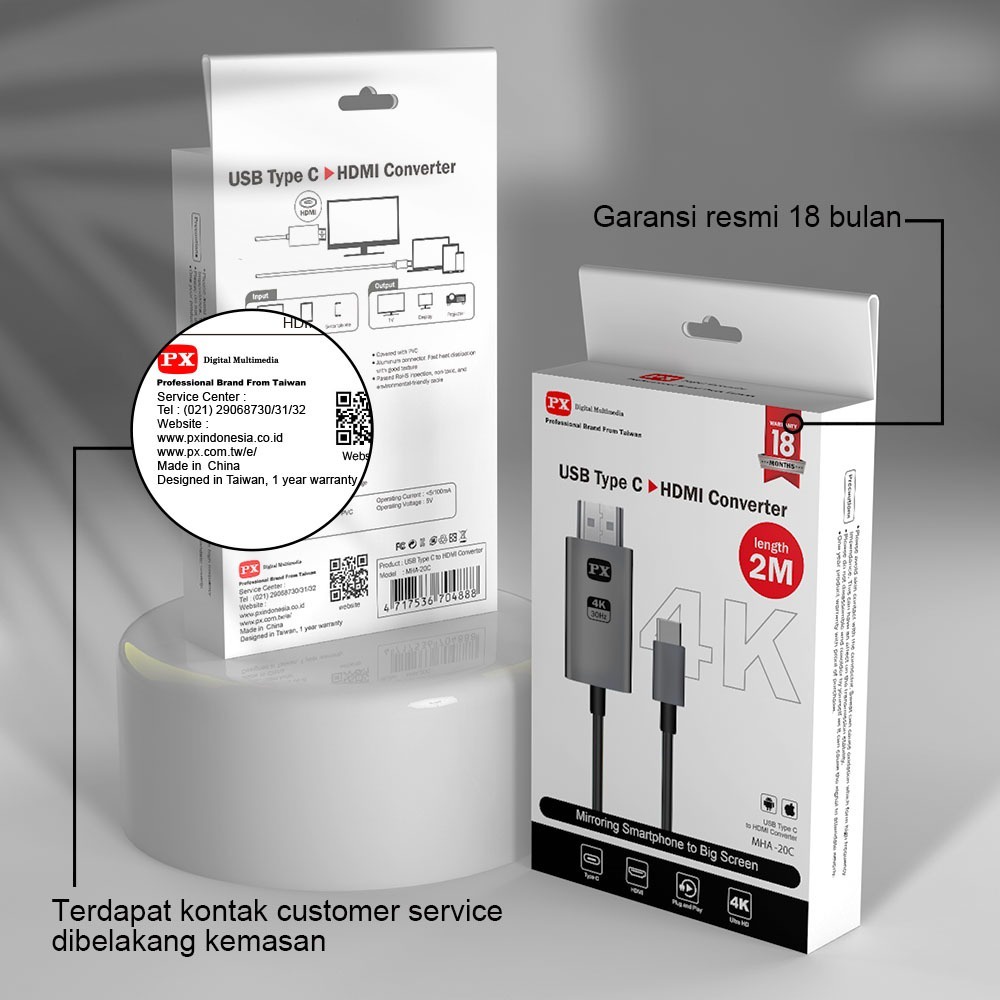 PX MHA-20C Kabel 2M MHL 4K Mirroring USB Type C to HDMI - Garansi Resmi PX