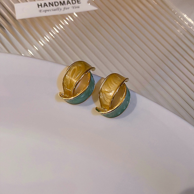 Anting Menjuntai Bentuk Busur Geometris Warna Biru Kontras Gaya Vintage Untuk Wanita