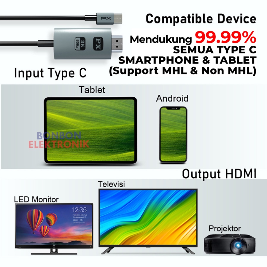 PX MHA-30C Kabel MHL USB Type C 3.1 to HDMI TV Converter 4K