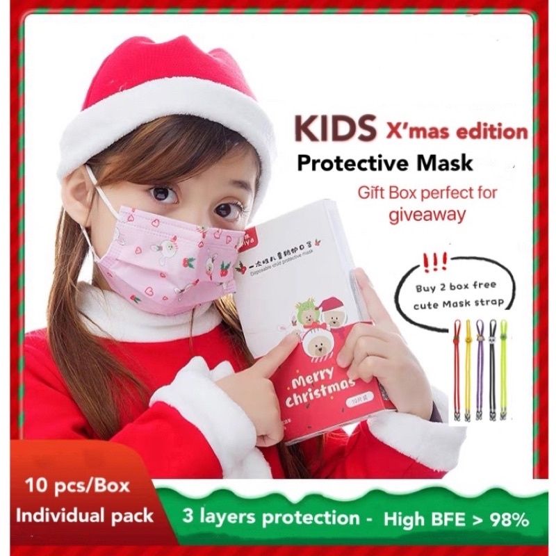 10PCS INDIVIDUAL PACKAGING MASKER ANAK DISPOSABLE 3PLY EARLOOP MOTIF NATAL KARTUN LUCU BOX IMPORT