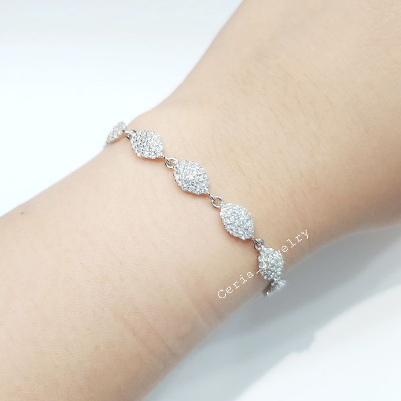 GELANG PERAK ASLI SILVER 925 LAPIS EMAS PUTIH MODEL OVAL MATA PUTIH - PERHIASAN WANITA