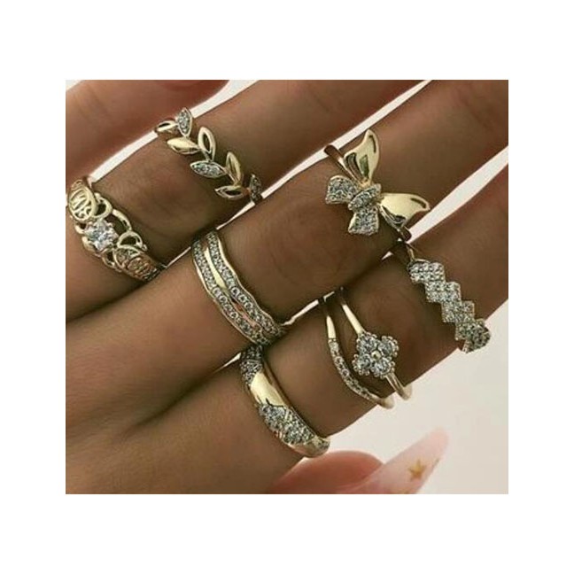 LRC Cincin Fashion Alloy + Rhinestone Alloy Diamond Leaf Butterfly Ring Set K97144