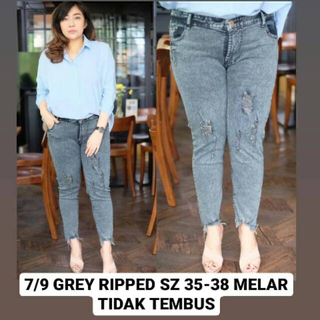 7/9 Grey Ripped CELANA JEANS WANITA SOBEK TIDAK TEMBUS CASUAL SUPER JUMBO BIG SIZE 35 36 38