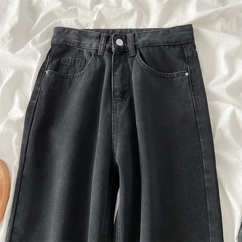 Kelabu Hitam Classic High Waist Straight Loose Kasual Celana Jeans Panjang  Wanita