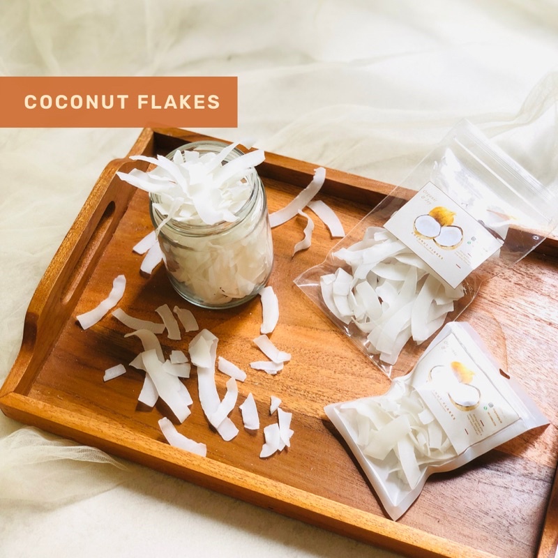 Organic&amp;Joy• Dried Coconut Flakes/Teh buah kelapa kering/Toping kelapa murni (Baik pencernaan,Turunkan Kolesterol, kelapa serut kering,dried coconut granola,pure tisane,snack buah kering)