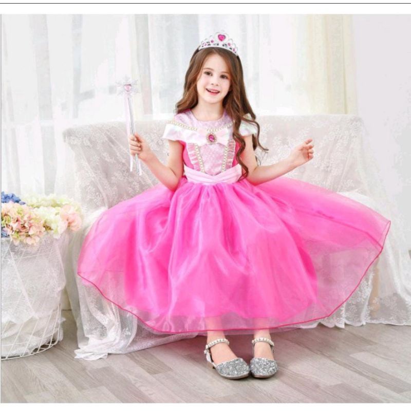 Baju Anak Dress Kostum Princess Aurora Pink Sifon Beludru Costume