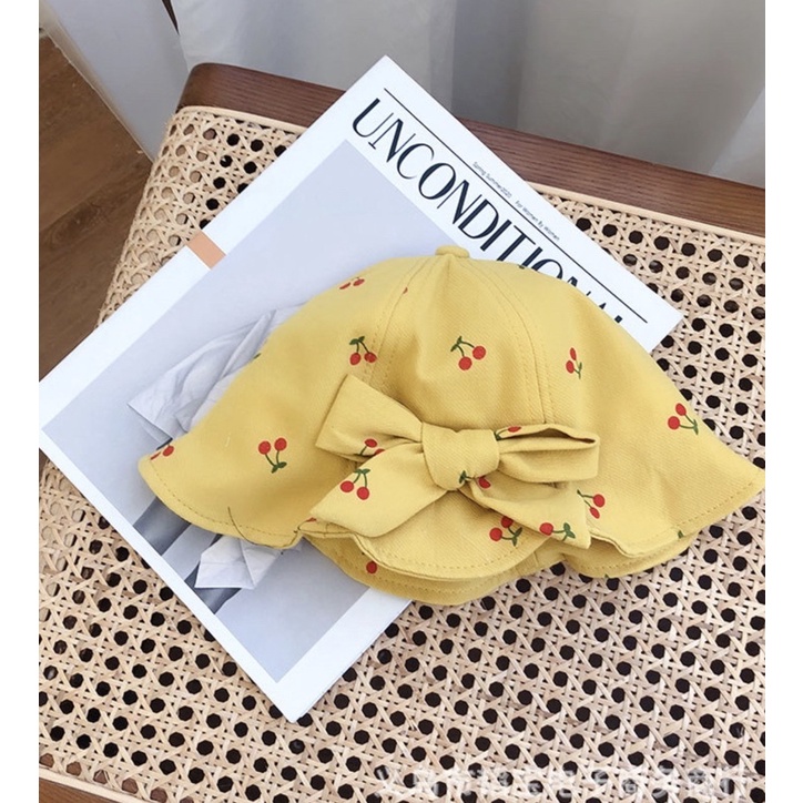 Topi Bucket Anak Bayi Balita Perempuan Import Model Pita Cherry-Yellow