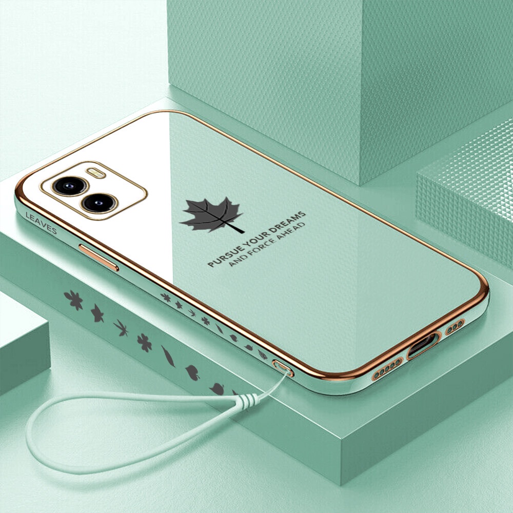 Casing Daun Maple Mewah OPPO Reno 8T A57 2022 A16 A16K A16e A15 A15s A55 A95 A74 A54 A5S A12 A7 A3S A12E A53 2020 A33 Case Square Silikon Plating Soft Phone Cover Dengan Tali DGX