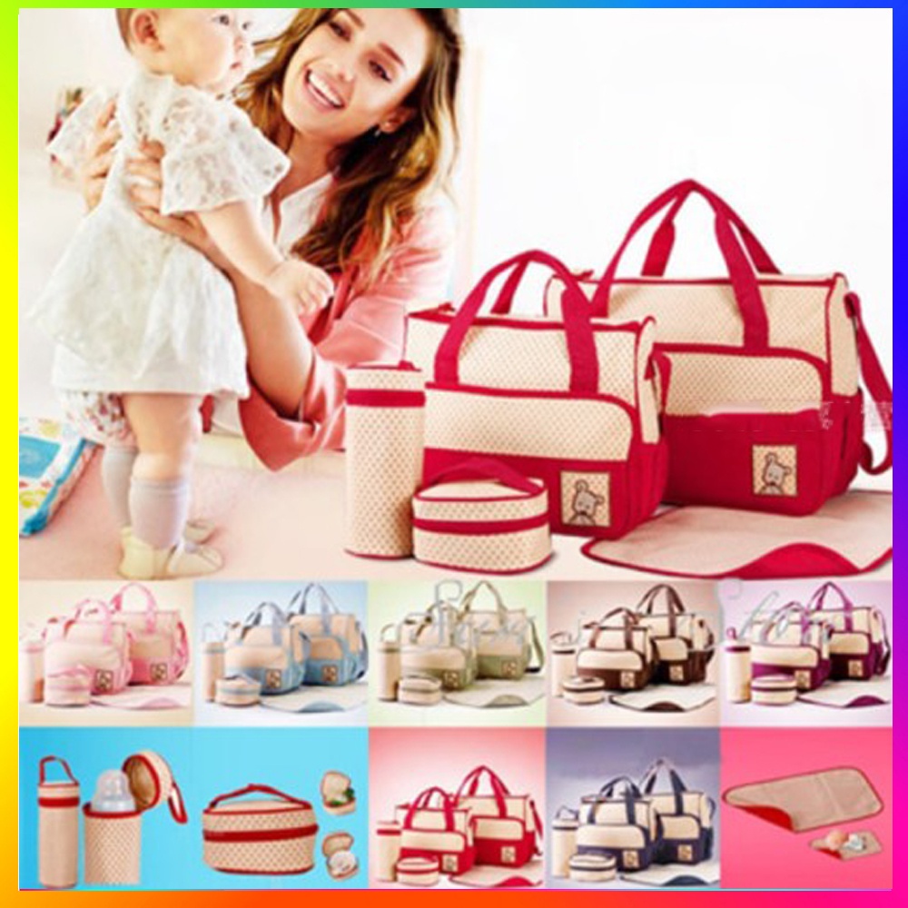 Tas Perlengakapan Bayi 5in1 / 1 Set Tas Bayi 5 in 1 Diaper Baby Bag Set Tas Multifungsi Storage Bag Organizer Organiser Tas Botol Minum Tas Makanan Tas Serbaguna Tas Besar Tas Kecil Popok Bayi Perlak Diapers Mom Bag Food Kado Tas - Warna Acak