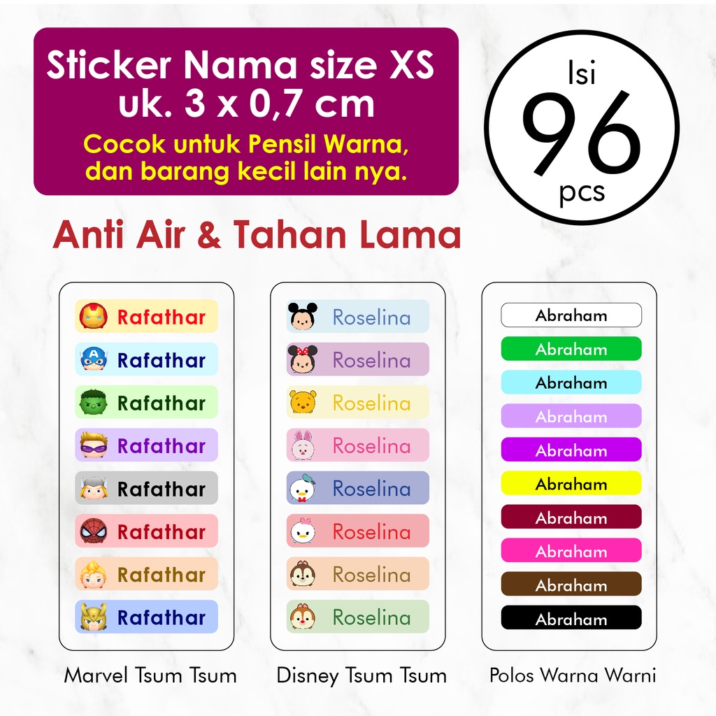 

Stiker Label Nama Anak Custom Ukuran Xs isi 96 pcs Label Nama Anak Waterproof Tahan Air Stiker Pensil Warna Label Pensil Label Botol Minum sticker tempat makan stiker mainan Warna Warni Disney Tsum Tsum karakter