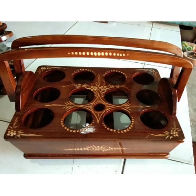 (BISA COD) TEMPAT AIR MINUM GELAS AQUA CUKIT DENGAN HANDLE BAHAN KAYU JATI UKURAN 35x18 cm