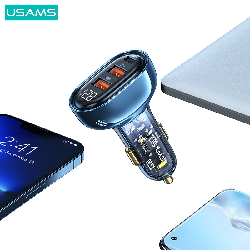 USAMS Fast Car Charger 80W 3Ports Transparent Digital US-CC159 Original