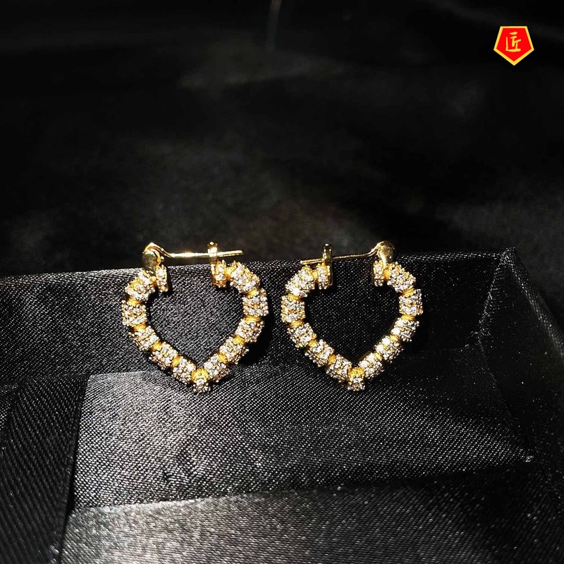 [Ready Stock]Elegant Gold Diamond Heart-Shaped Stud Earrings