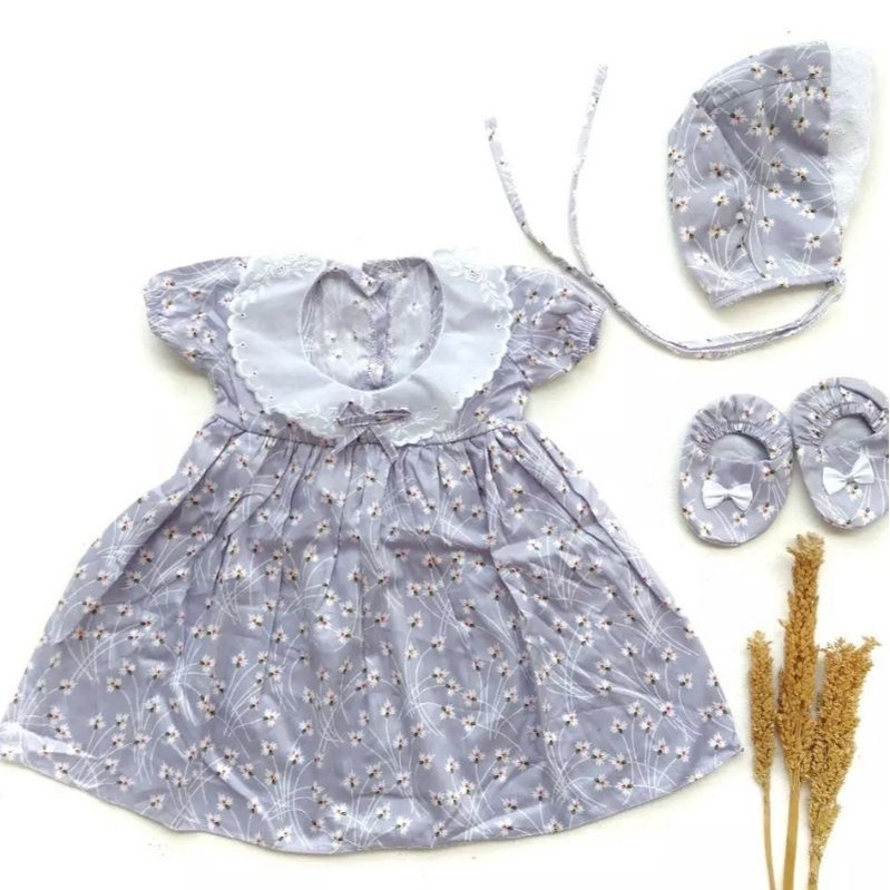 Dress bayi 0 6 12 bulan set sepatu bandana / bonnet Setelan Baju bayi Perempuan 100% Katun SNI Pakaian anak Cewek-0-6bln bonnet ungu