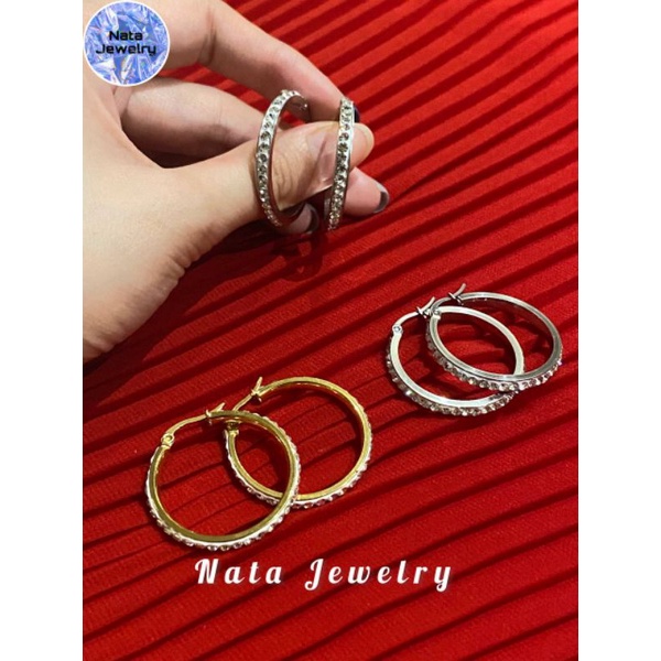 Anting Bulat Titanium Permata Swarovski