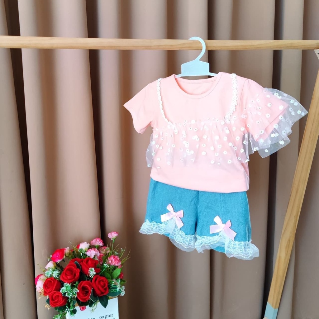 Promo !! Setelan anak feminim /  setelan white flower furing ukuran 1-4tahun / Setelan baju anak perempuan