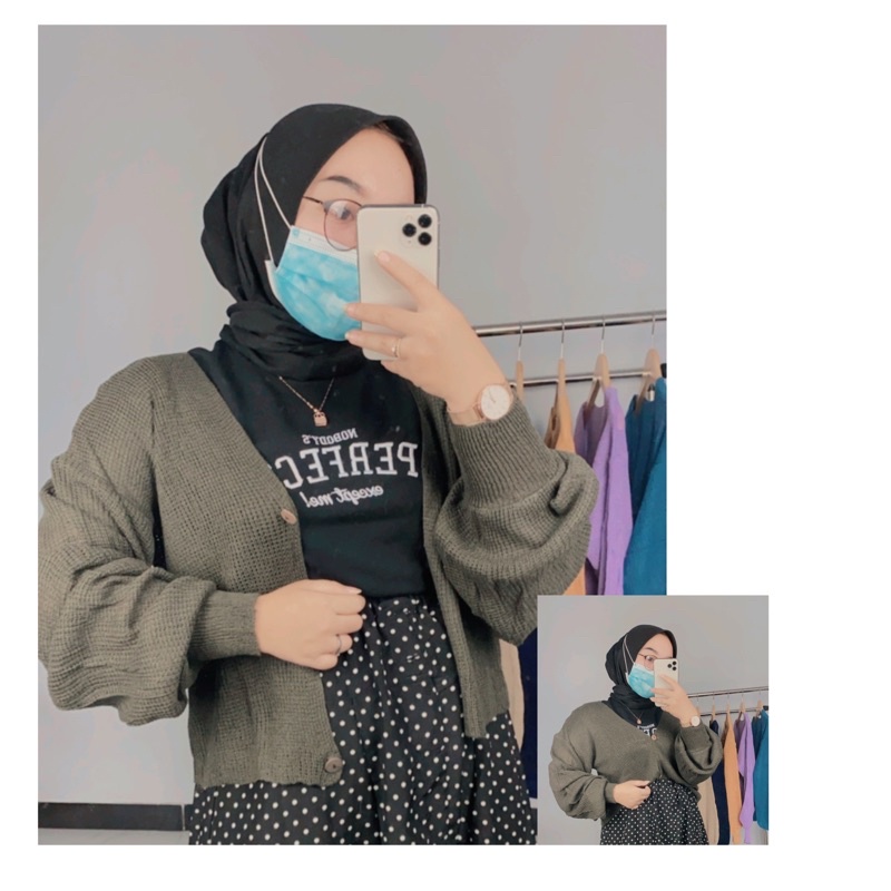 Cardigan Rajut BALONE Kancing Batok Wanita Knit Wear Muslimah-Army