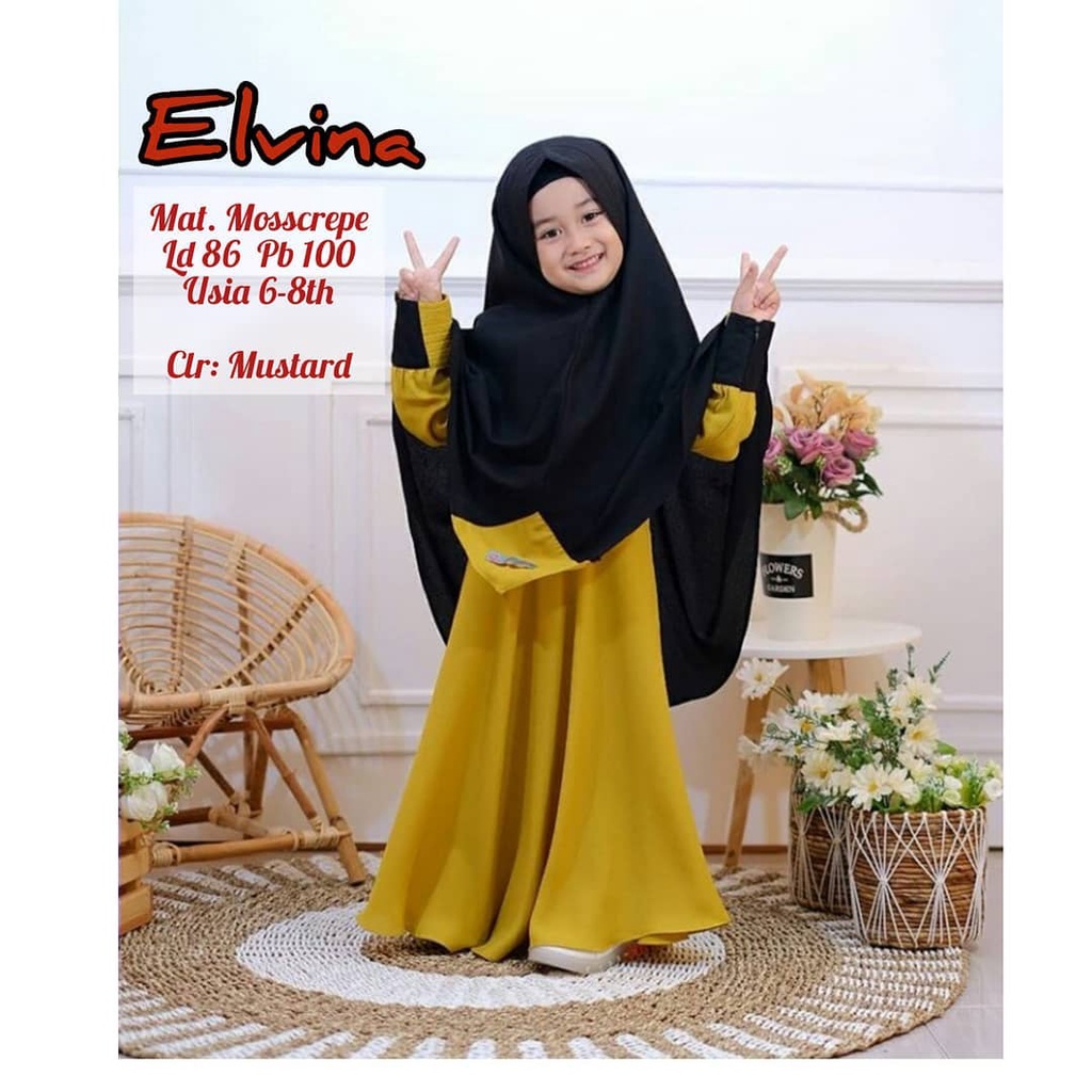 ELVINA SYARI KIDS KF 6 - 8 TAHUN BAHAN MOSSCRAPE DAPAT GAMIS + HIJAB BAJU KIDSS KEKINIAN TERBARU 2022