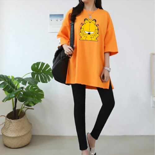 Kaos Wanita Oversize Kucing GARFIELD Jumbo Belah Samping SIze XXL