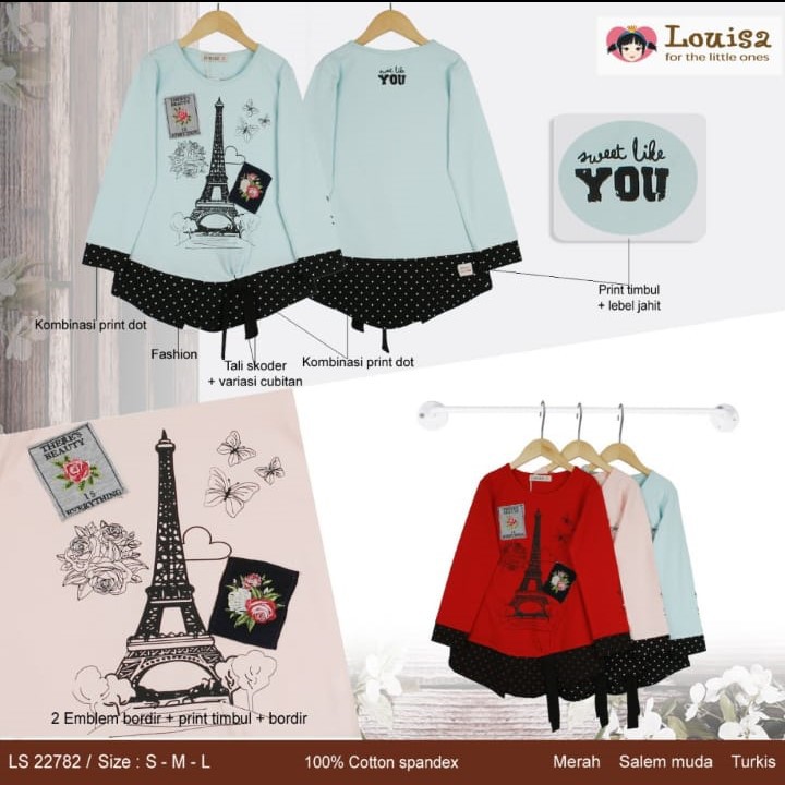 Kaos anak Louisa anak perempuan tangan panjang motif paris menara eiffel
