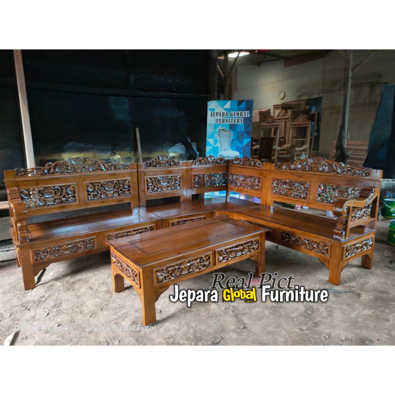 Kursi tamu sudut Jati ukir bagong ( kursi jati murah,kursi ukir jati,kursi tamu L jati )