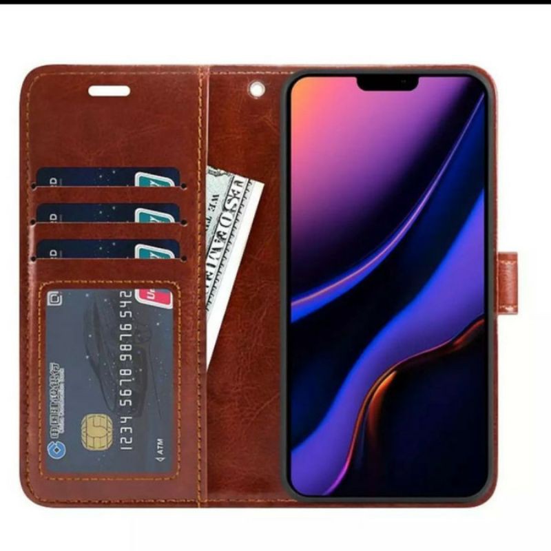 Oppo A3S Leather Case Flip Cover Casing Sarung Dompet Wallet Kulit Softcase