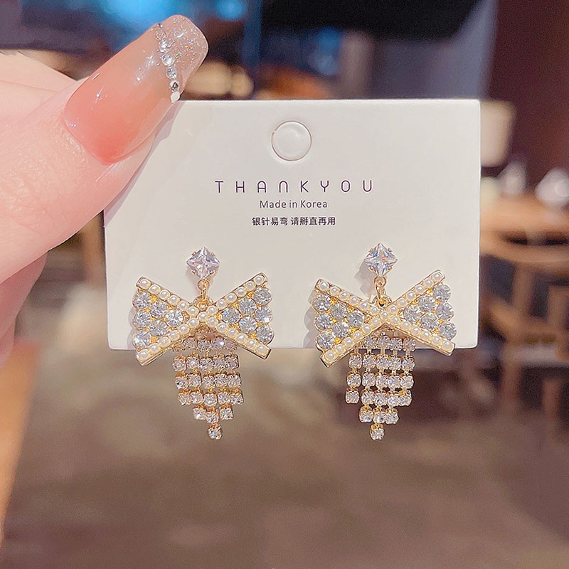 Anting Tusuk Sterling Silver 925 Desain Pita Hias Mutiara + Berlian Untuk Wanita