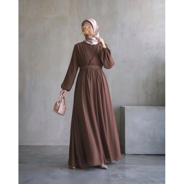 Gamis Pesta Mewah Elegan Baju Lebaran Mutiara Dress Kondangan M L XL Outfit Wanita Kekinian Gamis Malaysia Gamis Lengan Balon